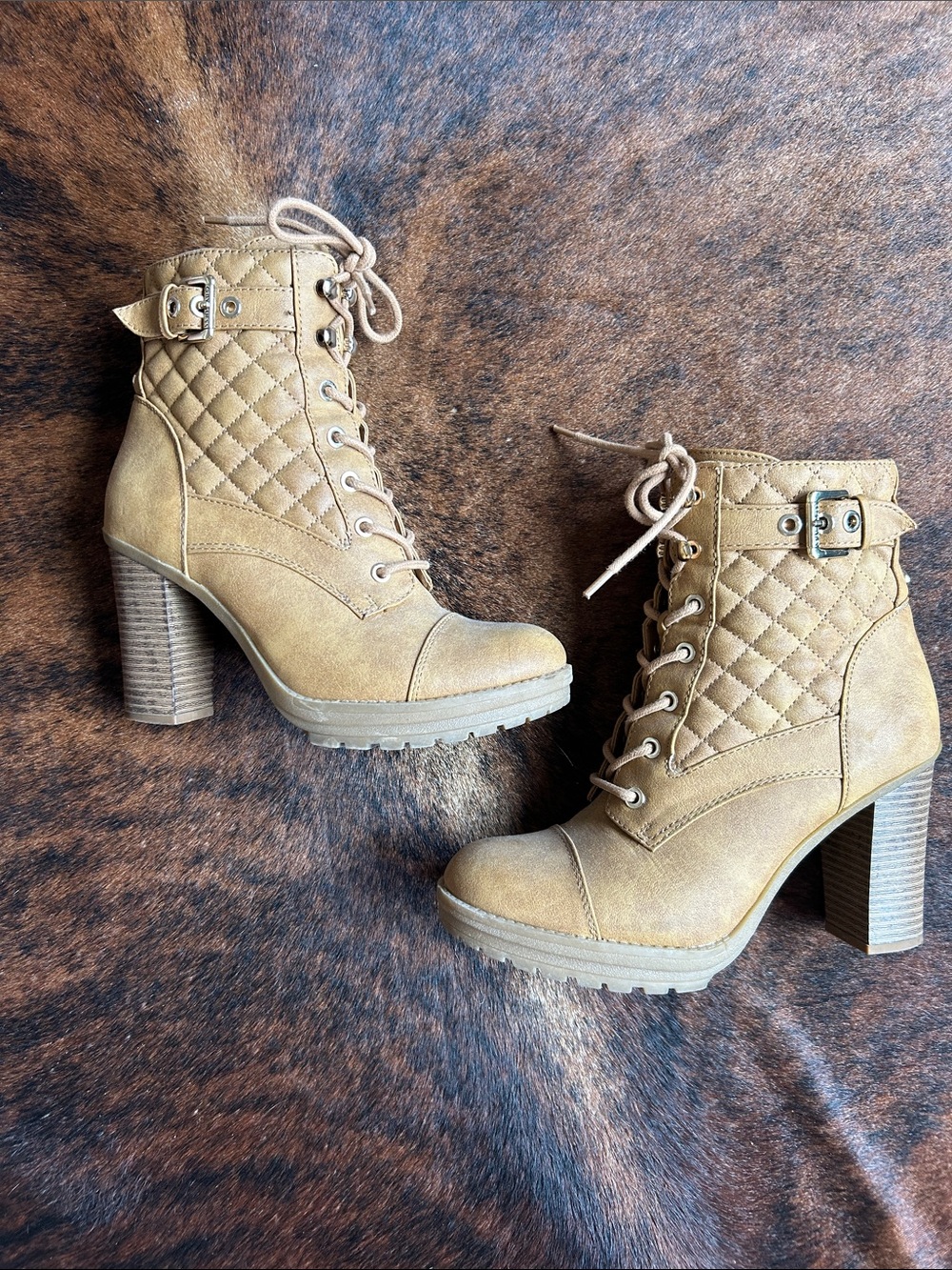 G by Guess Quilted Lace-Up High-Heel Ankle Boots - Tan